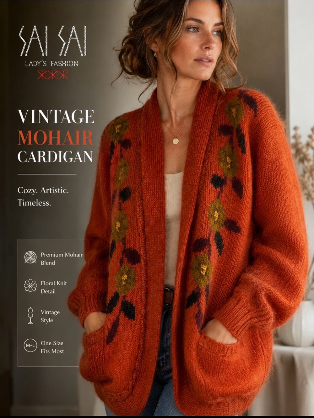 Vintage 80's Sai Sai Cardigan Women's Mohair Sweater Orange Floral L Large Lined